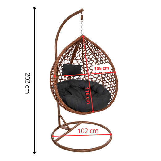 Kokon ogrodowy rattanowy z poduszkami fotel wiszący bujak huśtawka na metalowym stelażu brązowa