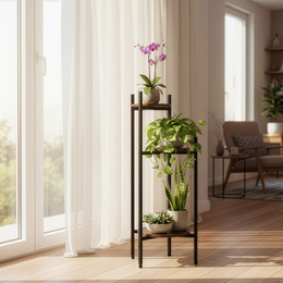 Kwietnik metalowy 81 cm stojak na kwiaty z 3 półkami loft nowoczesny czarno-brązowy