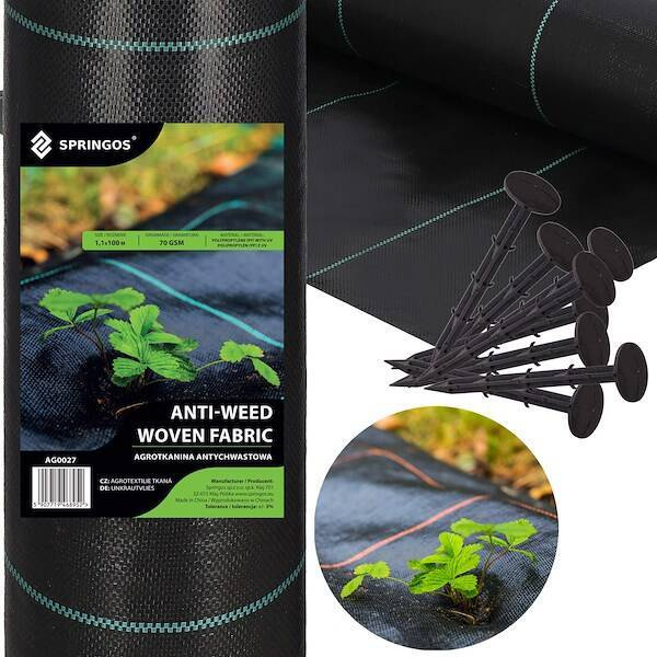 Agrowłóknina antychwastowa agrotkanina 70g czarna mata 1,1x100m + kotwy mocujące 100 szt. kołki