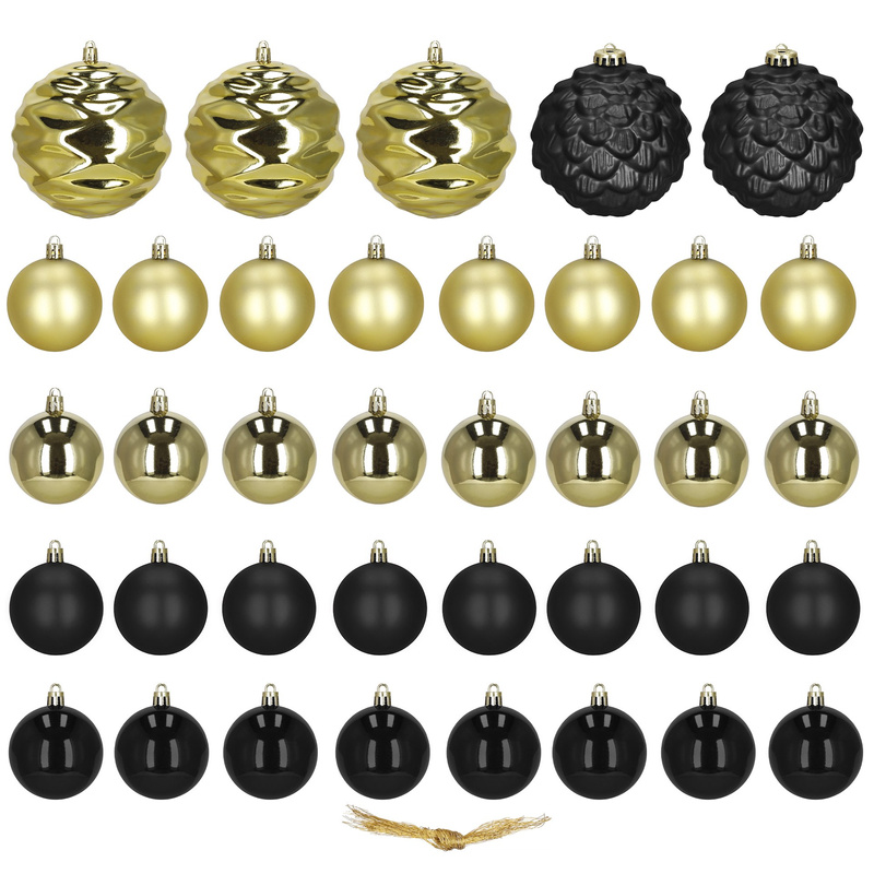 Bombki choinkowe 37 szt. zestaw dekoracji świątecznych, nietłukące złoto-czarne