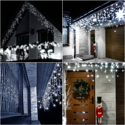 Kurtyna świetlna 300 led girlanda, lampki wewnętrzno-zewnętrzne 15,5 m sople biały zimny + flash