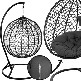 Kokon ogrodowy rattanowy z poduszkami fotel wiszący bujak huśtawka na metalowym stelażu czarna