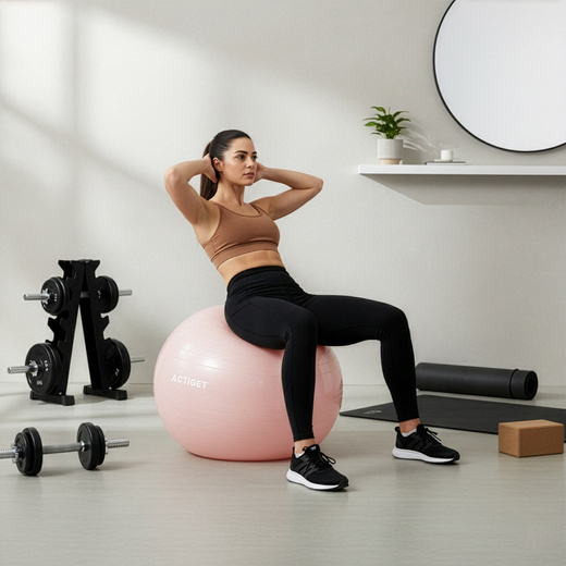Piłka 65 cm do ćwiczeń pilates, rehabilitacyjnych, stretchingu z pompką, pudrowy róż