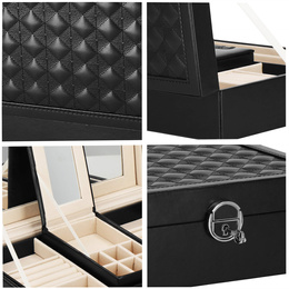 Szkatułka na biżuterię ekoskóra 25 x 25 x 8,5 cm czarny organizer z przegródkami i lusterkiem