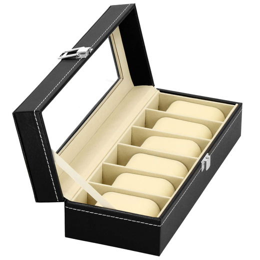 Szkatułka na zegarki 30x11x8 cm czarno-kremowy, ekoskóra organizer z przegródkami i okienkiem