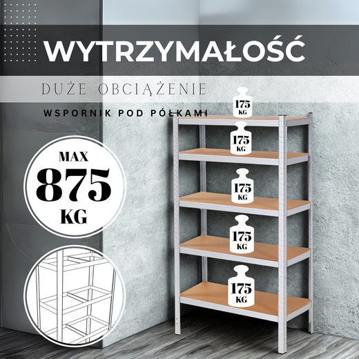 Regał metalowy z 5 półkami 180x90x30cm 875kg do garażu, piwnicy