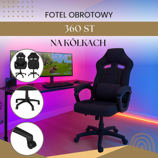 Fotel gamingowy, biurowy z regulacją wysokości, krzesło obrotowe dla gracza, czarny