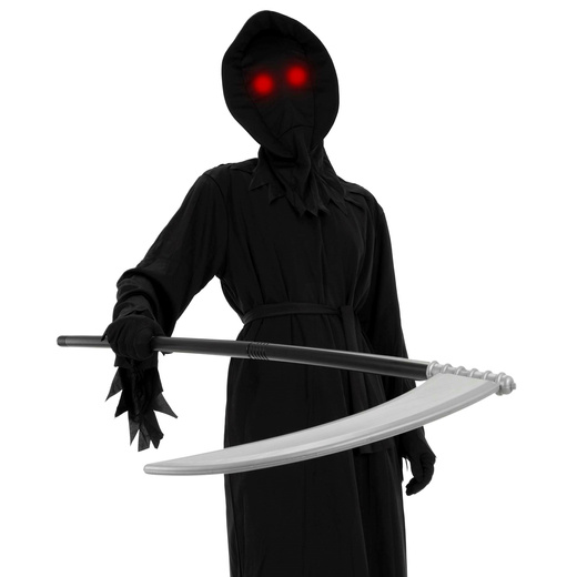Przebranie na Halloween 146/152 cm strój śmierć, żniwiarz, kostium kostuchy, kosa, okulary LED