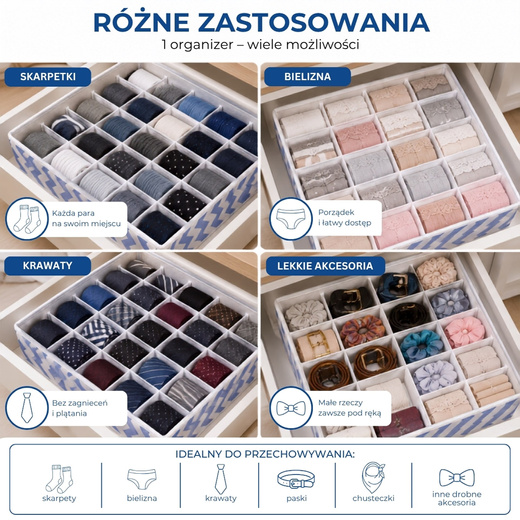 Organizer do szuflady na skarpetki i bieliznę 24 przegródki 33 × 33 × 10 cm niebieski