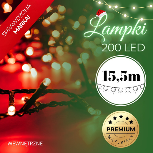 Lampki choinkowe 200 Led czerwone 15,5 m oświetlenie świąteczne