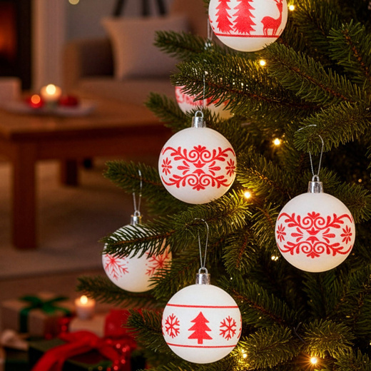 Bombki choinkowe 7 cm 12 szt. zestaw ozdoby świąteczne zdobione matowe, białe z wzorami
