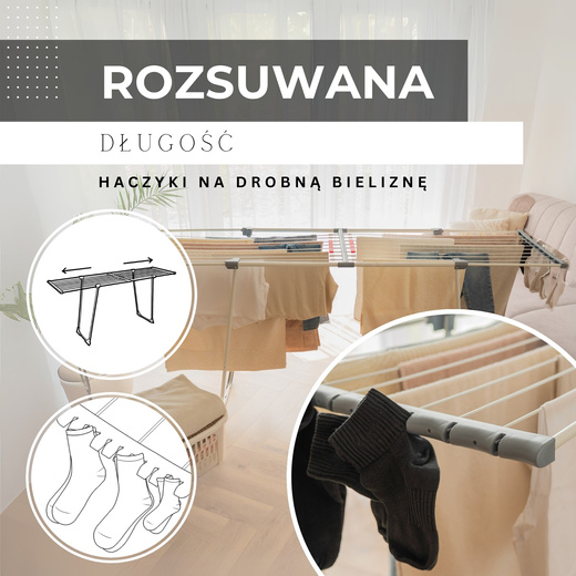 Suszarka na pranie składana teleskopowa na ubrania, bieliznę, z wbudowanymi haczykami