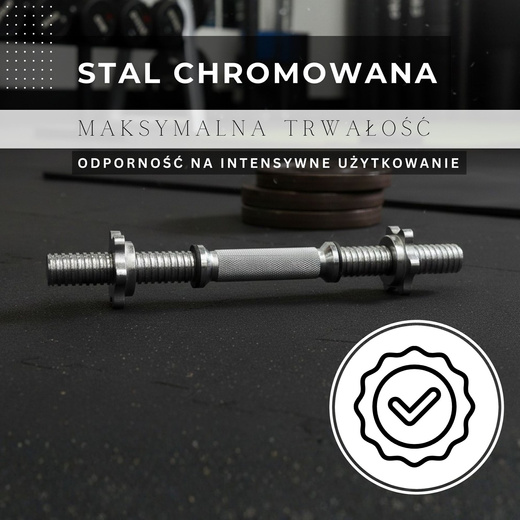 Gryf krótki 36 cm do hantli z zaciskami śr. 28 mm gwintowany, stal chromowana