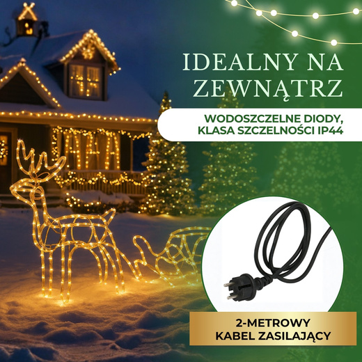 Renifer Led 120 cm świąteczny z saniami świetlna dekoracja do ogrodu biały ciepły + flash