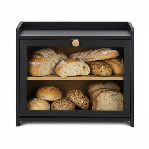 Chlebak bambusowy duży zamykany dwupoziomowy z okienkiem szafka na pieczywo czarna