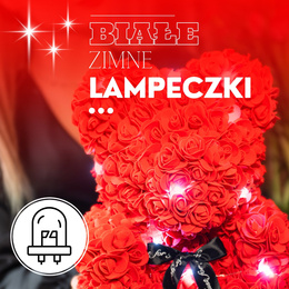 Miś z płatków róż czerwony 22 cm rose bear z kokardką i lampkami LED biały zimny