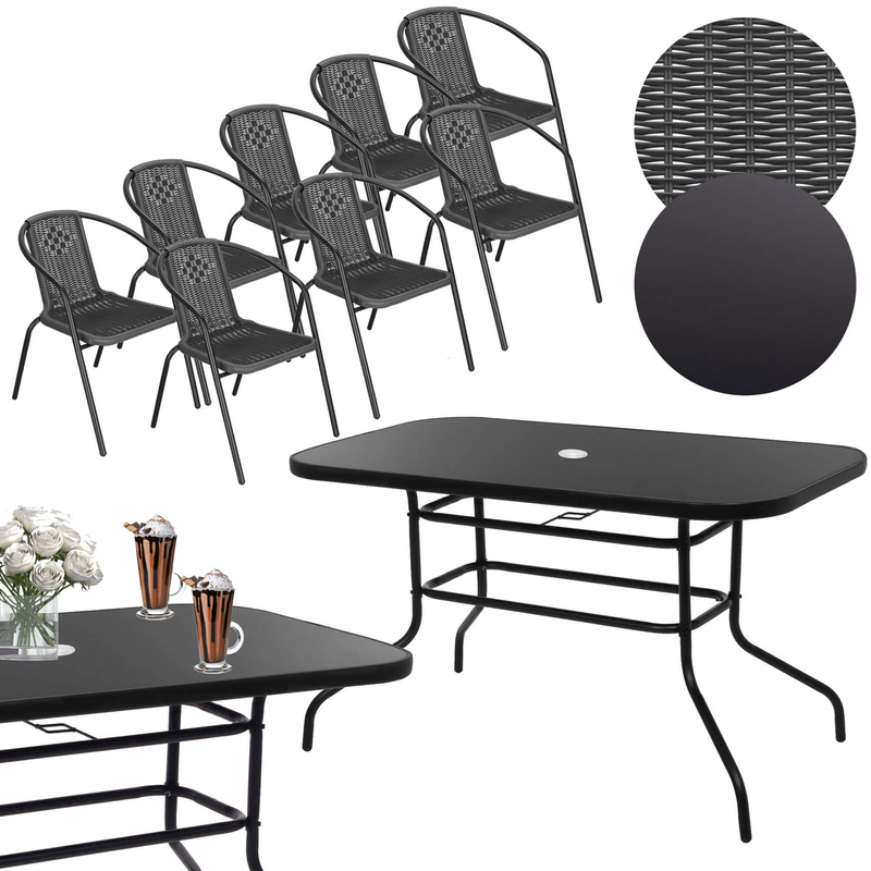 Meble ogrodowe na taras metalowe krzesła 8 szt. i stół komplet czarno-szary