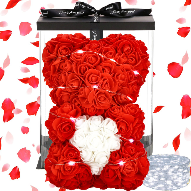 Miś z płatków róż czerwony z sercem, 22 cm rose bear z lampkami LED biały zimny