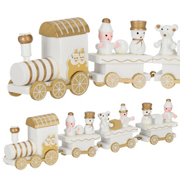 Drewniany pociąg z wagonikami, dekoracja, ozdoba świąteczna, wystrój wnętrz biało-złoty