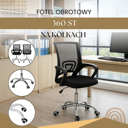 Fotel biurowy z regulacją nachylenia oparcia, krzesło obrotowe, czarny