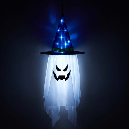 Dekoracja na Halloween duch w kapeluszu świecący ozdoba LED wisząca podświetlana duszek