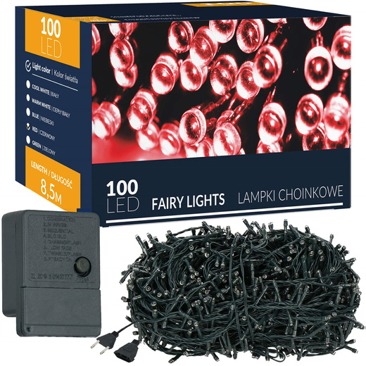 Lampki choinkowe 100 led czerwone 8,5 m oświetlenie świąteczne