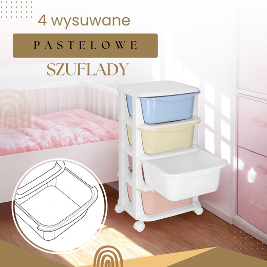 Regał na zabawki z 4 szufladami, pojemnik na kółkach, mobilny orgaznizer pastelowy
