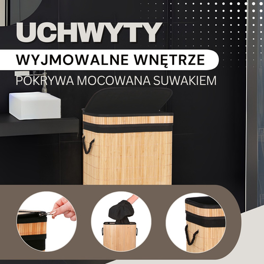 Kosz na pranie 72l z pokrywą bambusowy brązowo-czarny