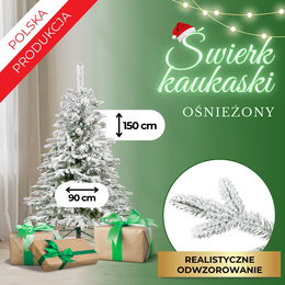 Choinka sztuczna 150 cm świerk kaukaski ośnieżony jak żywy, nowoczesny, ze stojakiem