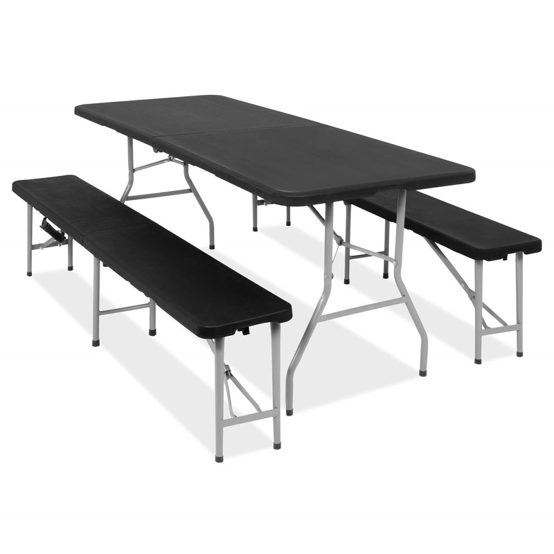 Zestaw turystyczny, meble cateringowe:  stół z 2 ławkami składany na bankiet, czarno-szary
