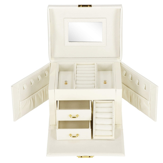 Szkatułka na biżuterię ekoskóra 17,5x12x13,5 cm kremowy organizer z przegródkami