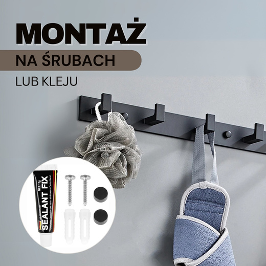 Wieszak łazienkowy ścienny z 4 haczykami do przedpokoju, kuchni aluminiowy czarny