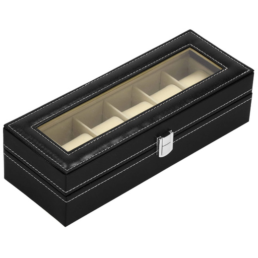 Szkatułka na zegarki 30x11x8 cm czarno-kremowy, ekoskóra organizer z przegródkami i okienkiem