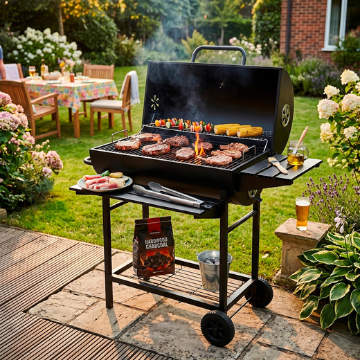 Grill węglowy, ogrodowy z pokrywą, termometrem, duży ruszt grillowy
