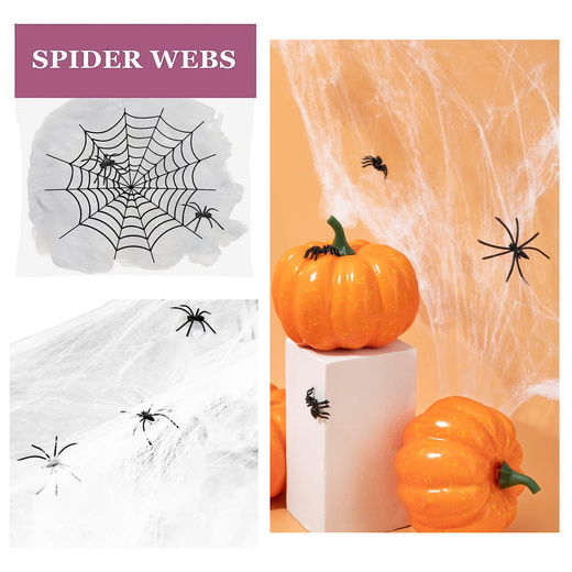 Dekoracja na Halloween pajęczyna z 2 pająkami 60g ozdoba sieć pajęcza 3,5 m