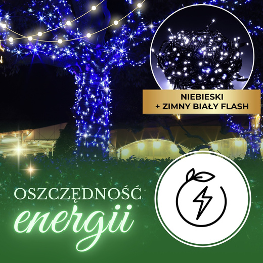 Lampki choinkowe 300 led niebieski + biały zimny flash 15m oświetlenie świąteczne IP44