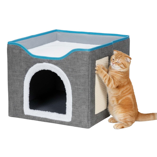 Legowisko dla kota z zabawką i drapakiem 42x41x34 cm koci domek, posłanie szare