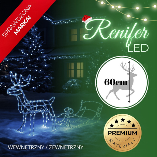 Renifer Led świąteczny z saniami 210 cm świetlna dekoracja biały zimny + flash