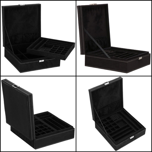Szkatułka na biżuterię 26x26x9 cm czarny, welurowy organizer z przegródkami