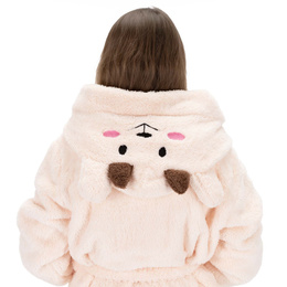 Szlafrok damski z polaru rozm. L/XL z kapturem i paskiem beżowy, miś 