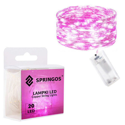 Lampki choinkowe 20 LED druciki mikro na baterie różowe