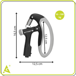 Ściskacz do rąk z regulacją oporu 10-100 kg licznik ruchu, do ćwiczeń dłoni, rehabilitacji szaro-czarny