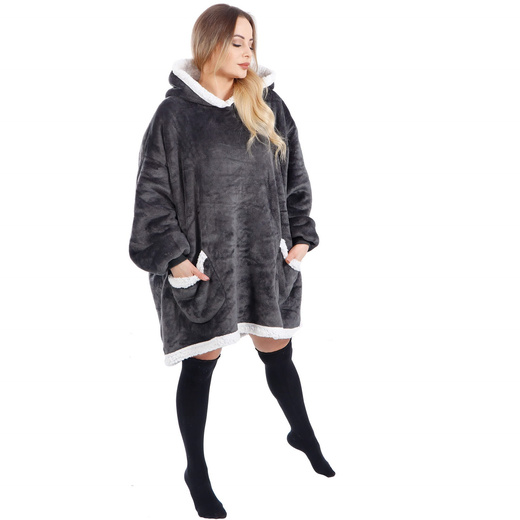 Kocobluza damska oversize koc bluza 2w1 z kapturem ciepła grafitowa