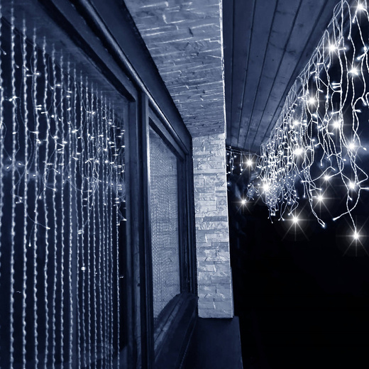 Kurtyna świetlna 300 led girlanda, lampki wewnętrzno-zewnętrzne 15,5 m sople biały zimny + flash