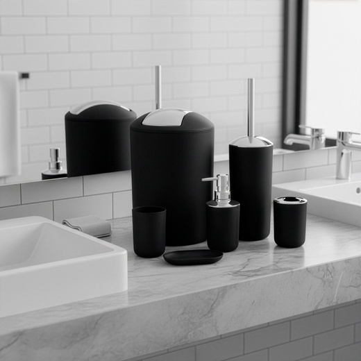 Zestaw łazienkowy 6w1 akcesoria do wc łazienki loft szczotka kubki kosz dozownik czarny
