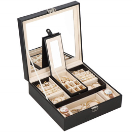 Szkatułka na biżuterię ekoskóra 25 x 25 x 8,5 cm czarny organizer z przegródkami i lusterkiem