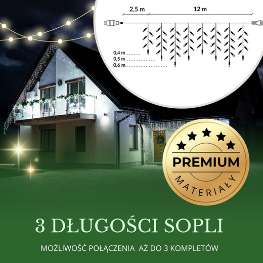 Kurtyna świetlna 300 led girlanda, lampki wewnętrzno-zewnętrzne 15,5 m sople biały zimny + flash
