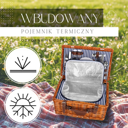 Kosz piknikowy z wyposażeniem, termiczny 42x27x20 cm wiklinowy, brązowy