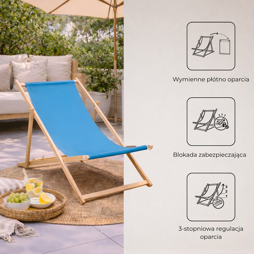 Leżak ogrodowy, drewniany z 3-stopniową regulacją, plażowy, balkonowy, niebieski