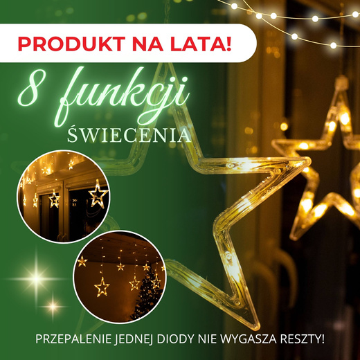 Kurtyna świetlna 138 Led girlanda gwiazdki, lampki wewnętrzne sople ciepły biały